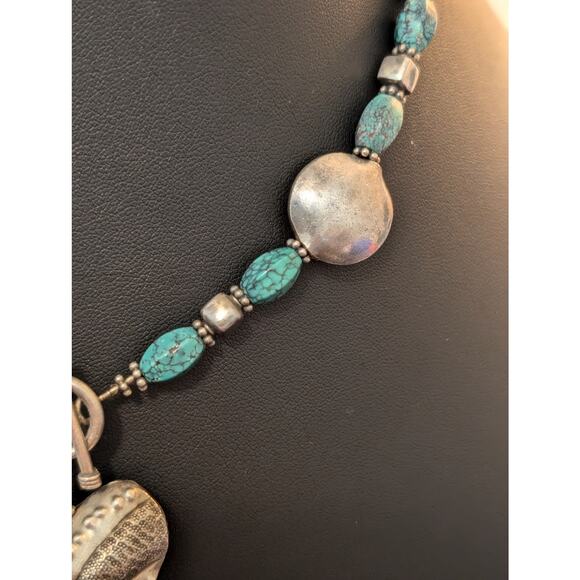 925 Textured Puff Heart Pillow Square & Turquoise Bead Toggle Clasp Necklace - Picture 4 of 6